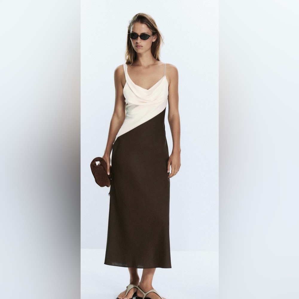 Zara Two-Tone Asymmetrical Slip Dress in Cream and Brown